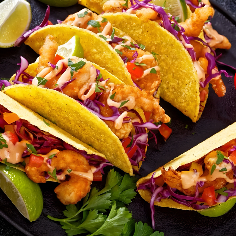 Tacos de camarón rebozados y acompañados de una salsa cremosa de chipotle, una receta de moda que combina lo tradicional con lo fresco